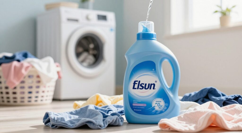 A vibrant display of liquid laundry detergent bottles arranged on a clean, bright kitchen countertop. In the foreground, a variety of colorful detergent bottles are featured, showcasing different brands and sizes, with labels emphasizing "value" and "affordability." The middle ground includes a measurement cup and a bowl filled with freshly washed laundry, creating a sense of practicality. The background features a softly lit window, allowing natural light to flood the scene, enhancing the freshness of the setting. The mood is inviting and cheerful, suggesting a balanced household budget. The angle is slightly tilted for a dynamic effect, highlighting the product characteristics without text or distractions. sabão líquido para roupas