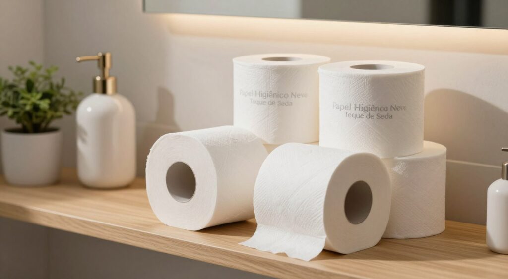 A beautifully arranged display of "Papel Higiênico Neve Toque de Seda" on a delicate wooden bathroom shelf. In the foreground, showcase the soft, plush texture of the toilet paper rolls, emphasizing its double-layer structure. The middle ground features a tasteful, ambient bathroom setting with elegant accessories like a ceramic soap dispenser and a small plant for a touch of freshness. The background is softly illuminated with warm, inviting lighting, creating a serene and hygienic atmosphere. Use a slight depth of field to focus on the toilet paper while gently blurring the background details. Capture the mood of comfort and luxury, highlighting the product's smoothness and strength in an organic and appealing way.