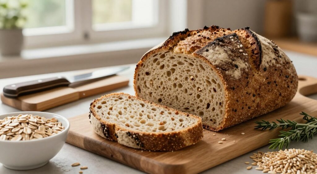 A beautifully arranged loaf of whole grain bread, showcasing its rich, textured crust and wholesome interior. In the foreground, place a sliced piece displaying the fluffy, nutty crumb and visible seeds. Surround it with fresh ingredients like a bowl of oats, grains, and a few sprigs of herbs, emphasizing its nutritional appeal. In the middle ground, arrange rustic kitchen elements like a wooden cutting board and a pair of artisan bread knives, enhancing the artisanal atmosphere. The background features warm, soft natural lighting filtering through a window, creating an inviting and cozy kitchen environment. The overall mood should be wholesome and nourishing, reflecting the health benefits of whole grain bread. A beautifully arranged loaf of whole grain bread, showcasing its rich, textured crust and wholesome interior. In the foreground, place a sliced piece displaying the fluffy, nutty crumb and visible seeds. Surround it with fresh ingredients like a bowl of oats, grains, and a few sprigs of herbs, emphasizing its nutritional appeal. In the middle ground, arrange rustic kitchen elements like a wooden cutting board and a pair of artisan bread knives, enhancing the artisanal atmosphere. The background features warm, soft natural lighting filtering through a window, creating an inviting and cozy kitchen environment. The overall mood should be wholesome and nourishing, reflecting the health benefits of whole grain bread.