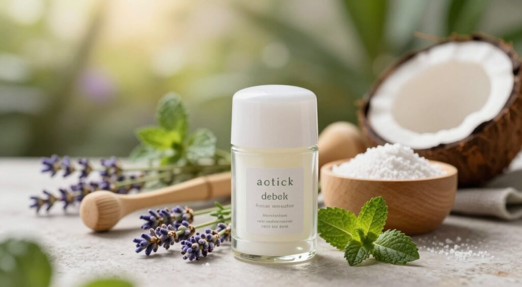 A beautifully arranged scene featuring a natural deodorant in a stylish glass jar, positioned prominently in the foreground. The jar is surrounded by fresh herbs like lavender and mint, conveying a sense of organic freshness. In the middle ground, add wooden skincare tools such as a bamboo applicator and small bowls filled with natural ingredients like coconut oil and baking soda. The background showcases a soft, blurred botanical garden, illuminated by gentle, warm sunlight filtering through leaves, creating a calm, inviting atmosphere. Use a macro lens perspective to capture intricate details of the deodorant jar and ingredients, emphasizing the sustainable and eco-friendly nature of the product. The overall mood should be serene, promoting wellness and sustainability. A beautifully arranged scene featuring a natural deodorant in a stylish glass jar, positioned prominently in the foreground. The jar is surrounded by fresh herbs like lavender and mint, conveying a sense of organic freshness. In the middle ground, add wooden skincare tools such as a bamboo applicator and small bowls filled with natural ingredients like coconut oil and baking soda. The background showcases a soft, blurred botanical garden, illuminated by gentle, warm sunlight filtering through leaves, creating a calm, inviting atmosphere. Use a macro lens perspective to capture intricate details of the deodorant jar and ingredients, emphasizing the sustainable and eco-friendly nature of the product. The overall mood should be serene, promoting wellness and sustainability.