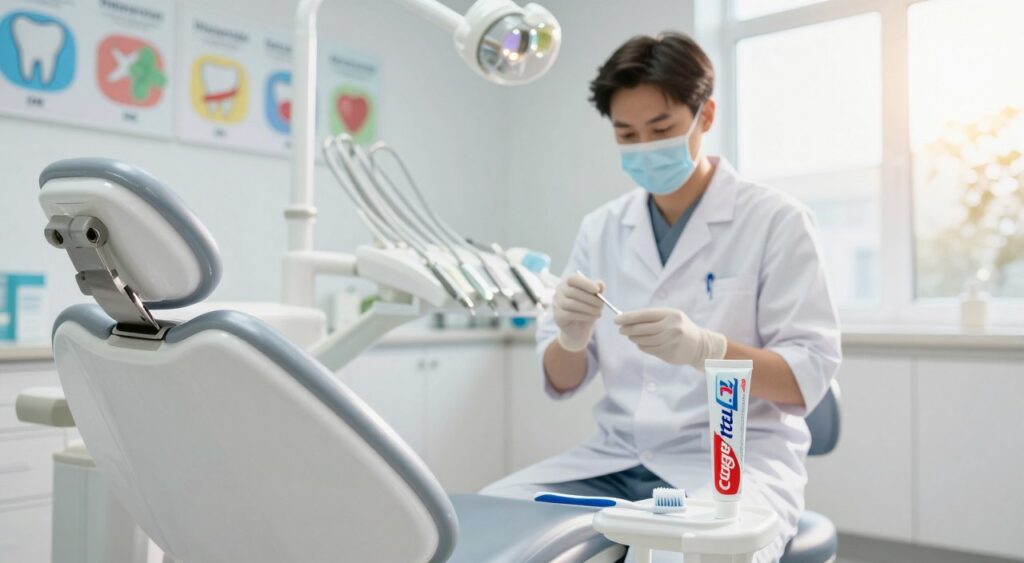 A bright, clean dental care setting as the foreground features a sparkling white dental chair, with a Colgate Total 12 toothpaste tube elegantly placed beside a toothbrush. In the middle, a professional dentist in a white coat and gloves examines dental tools, illustrating a focus on dental hygiene. The background showcases a colorful infographic about dental health benefits on the wall, along with a window letting in soft, natural sunlight that creates a warm and welcoming atmosphere. The lighting is bright and inviting, capturing a sense of freshness and cleanliness. The overall mood conveys professionalism and care in dental practices, emphasizing the importance of using effective dental products like Colgate Total 12.