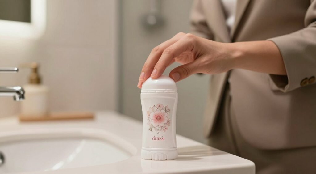 A close-up composition showcasing a stylish feminine deodorant applicator on a sleek bathroom countertop. In the foreground, the deodorant container is elegantly designed with a floral motif, capturing the essence of femininity. The middle ground features a delicate hand, dressed in a modest and professional outfit, poised above the deodorant, indicating the application process. The background displays a softly blurred bathroom with gentle ambient lighting, enhancing a serene and soothing atmosphere. The overall mood evokes elegance and simplicity, emphasizing proper application techniques. Use a shallow depth of field to focus on the deodorant while softly blurring the background, creating an inviting and clean aesthetic. A close-up composition showcasing a stylish feminine deodorant applicator on a sleek bathroom countertop. In the foreground, the deodorant container is elegantly designed with a floral motif, capturing the essence of femininity. The middle ground features a delicate hand, dressed in a modest and professional outfit, poised above the deodorant, indicating the application process. The background displays a softly blurred bathroom with gentle ambient lighting, enhancing a serene and soothing atmosphere. The overall mood evokes elegance and simplicity, emphasizing proper application techniques. Use a shallow depth of field to focus on the deodorant while softly blurring the background, creating an inviting and clean aesthetic.