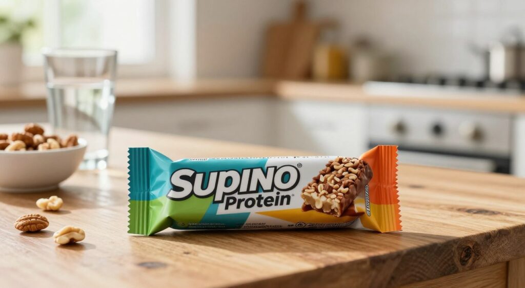 A close-up of a Supino Protein bar, prominently displayed on a rustic wooden table. The protein bar is wrapped in an eye-catching, sleek packaging featuring vibrant colors and key nutritional information subtly highlighted. In the background, a blurred kitchen setting with warm, natural light filtering through a window creates an inviting atmosphere. To the left, a small bowl of nuts and a glass of water add to the health-conscious theme. The composition suggests an active lifestyle, emphasizing the bar as a convenient snack for everyday fitness enthusiasts. The scene captures a sense of freshness and well-being, enhancing the appeal of Supino Protein as an accessible choice for daily nutrition. Barrinhas de proteína podem ser um lanche prático e gostoso
