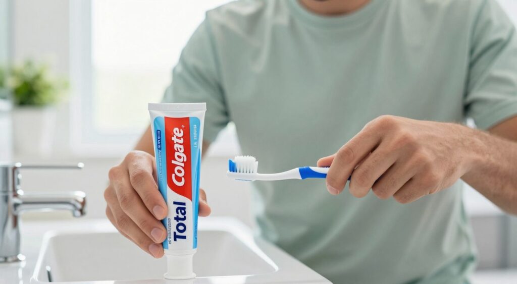 A close-up view of a person demonstrating proper teeth brushing technique using Colgate Total 12 toothpaste. The foreground shows a well-groomed individual in modest casual clothing, focusing on brushing their teeth with a soft-bristled toothbrush. In the middle, the vibrant blue and white tube of Colgate Total 12 is prominently displayed beside the toothbrush. The background features a clean, modern bathroom with subtle natural light streaming in from a window, creating a fresh and inviting atmosphere. A minty fresh theme is reflected in the color palette, incorporating soft greens and whites to emphasize cleanliness and dental hygiene. The overall mood is educational and professional, suitable for a health-related article.
