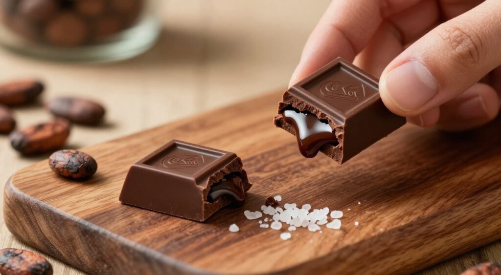 A close-up view of a rich, dark chocolate square from Garoto, breaking open to reveal a glossy, gooey filling that hints at its indulgent flavor. The foreground features a hand gently holding the chocolate piece, showcasing its silky texture as it melts slightly. In the middle, an elegant chocolate shard rests on an artisanal wooden board, surrounded by scattered cocoa beans and a sprinkle of gourmet sea salt for contrast. The background blurs softly into warm, natural light that enhances the organic feel, creating an inviting and cozy atmosphere. The composition emphasizes the luxurious experience of tasting Garoto chocolate, inviting viewers to savor the moment with a mood of pure indulgence.