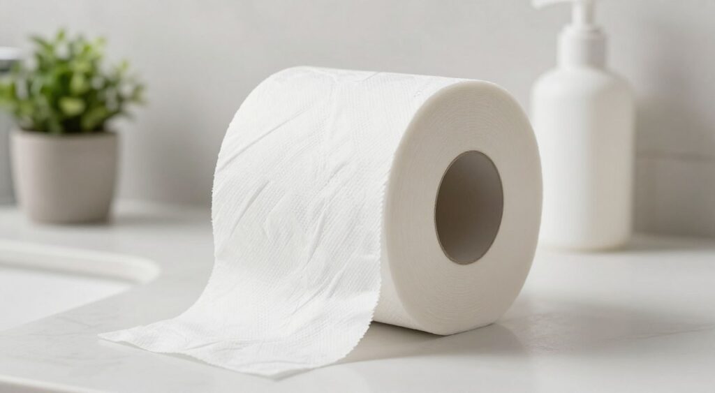 A close-up view of a roll of Mili Sensitive Care toilet paper, showcasing its soft, double-layered texture and subtle design. The roll rests on a clean, modern bathroom countertop, surrounded by minimalistic decor, including a small potted plant and stylish toiletries. The lighting is bright and inviting, emphasizing the softness of the paper and casting gentle shadows. The background features light, neutral colors, enhancing the calming atmosphere. The image captures a sense of practicality and comfort, suggesting the functionality of the product in daily use. A shallow depth of field focuses attention on the toilet paper roll, making it the central element in the composition.