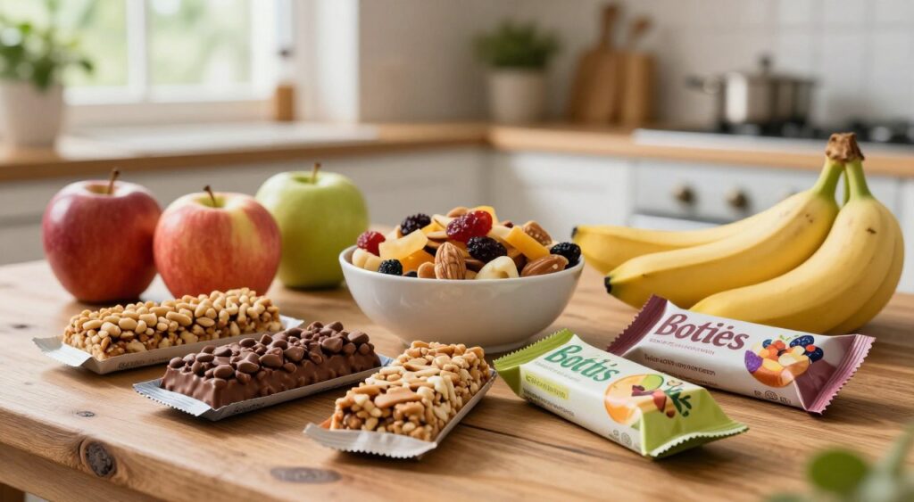 A vibrant and appetizing scene showcasing a healthy protein snack spread on a rustic wooden table. In the foreground, a variety of colorful protein bars with different textures and flavors, such as chocolate chip, peanut butter, and fruity bursts, arranged artfully. In the middle, a bowl filled with mixed nuts and dried fruits complements the protein bars, surrounded by fresh fruit like apples and bananas for a balanced look. In the background, a softly lit kitchen setting with natural light pouring in through a window, highlighting greenery and healthy food elements. The atmosphere is fresh and inviting, ideal for a daily health-conscious snack moment. Focused lighting enhances the textures of the food, while a shallow depth of field draws attention to the protein bars in the foreground. A vibrant and appetizing scene showcasing a healthy protein snack spread on a rustic wooden table. In the foreground, a variety of colorful protein bars with different textures and flavors, such as chocolate chip, peanut butter, and fruity bursts, arranged artfully. In the middle, a bowl filled with mixed nuts and dried fruits complements the protein bars, surrounded by fresh fruit like apples and bananas for a balanced look. In the background, a softly lit kitchen setting with natural light pouring in through a window, highlighting greenery and healthy food elements. The atmosphere is fresh and inviting, ideal for a daily health-conscious snack moment. Focused lighting enhances the textures of the food, while a shallow depth of field draws attention to the protein bars in the foreground.