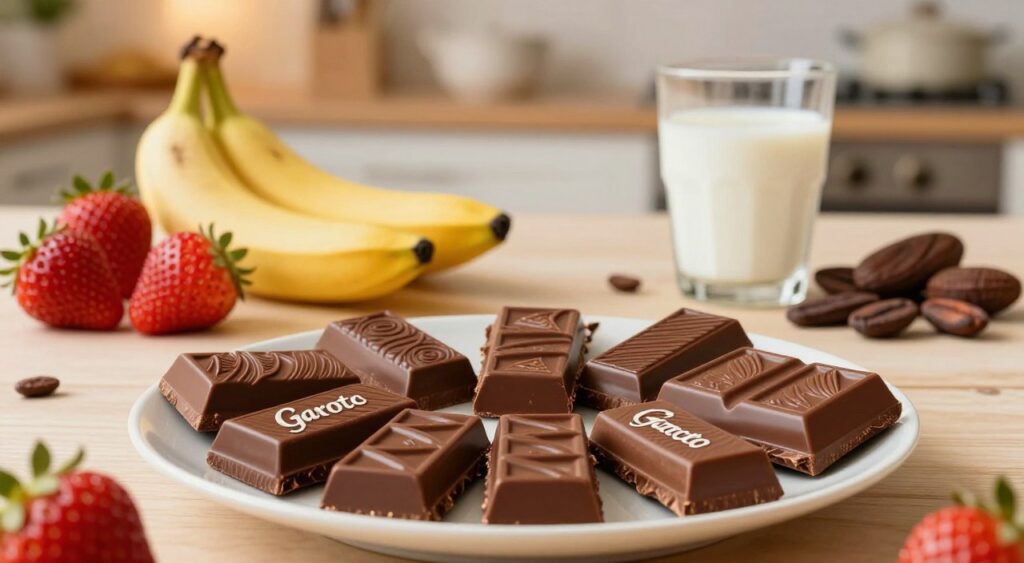 A visually appealing composition showcasing the pros and cons of Garoto chocolate. In the foreground, a beautifully arranged plate with various Garoto chocolate bars, some unwrapped to reveal their rich textures. The middle ground features two distinct sections: one side decorated with bright, fresh fruits like strawberries and bananas symbolizing health benefits, while the other side contrasts with indulgent elements such as a glass of milk and cocoa beans representing potential downsides. In the background, a cozy kitchen setting with warm, soft lighting, creating an inviting atmosphere. The scene is captured from a slight overhead angle, emphasizing both sides equally, evoking a balanced mood that encourages thoughtful consideration.
