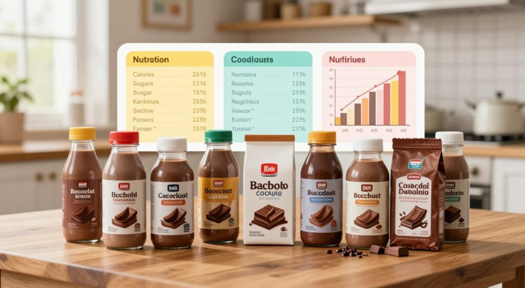 A visually engaging and informative image showcasing a nutritional comparison of healthy chocolate drink options. In the foreground, a wooden table displaying several labeled bottles or packages, each representing different brands of achocolatado, arranged in a visually appealing manner. The middle ground features colorful nutrition charts and graphs that depict their nutritional values, such as calories, sugar, and protein content, clearly illustrated. In the background, a warm kitchen setting with soft, natural light filtering through a window, creating an inviting atmosphere. The focus is sharp on the products and charts, highlighting the details, while the background is slightly blurred to emphasize the main subjects. Overall, the mood conveys a sense of health-conscious choice and culinary exploration. A visually engaging and informative image showcasing a nutritional comparison of healthy chocolate drink options. In the foreground, a wooden table displaying several labeled bottles or packages, each representing different brands of achocolatado, arranged in a visually appealing manner. The middle ground features colorful nutrition charts and graphs that depict their nutritional values, such as calories, sugar, and protein content, clearly illustrated. In the background, a warm kitchen setting with soft, natural light filtering through a window, creating an inviting atmosphere. The focus is sharp on the products and charts, highlighting the details, while the background is slightly blurred to emphasize the main subjects. Overall, the mood conveys a sense of health-conscious choice and culinary exploration.