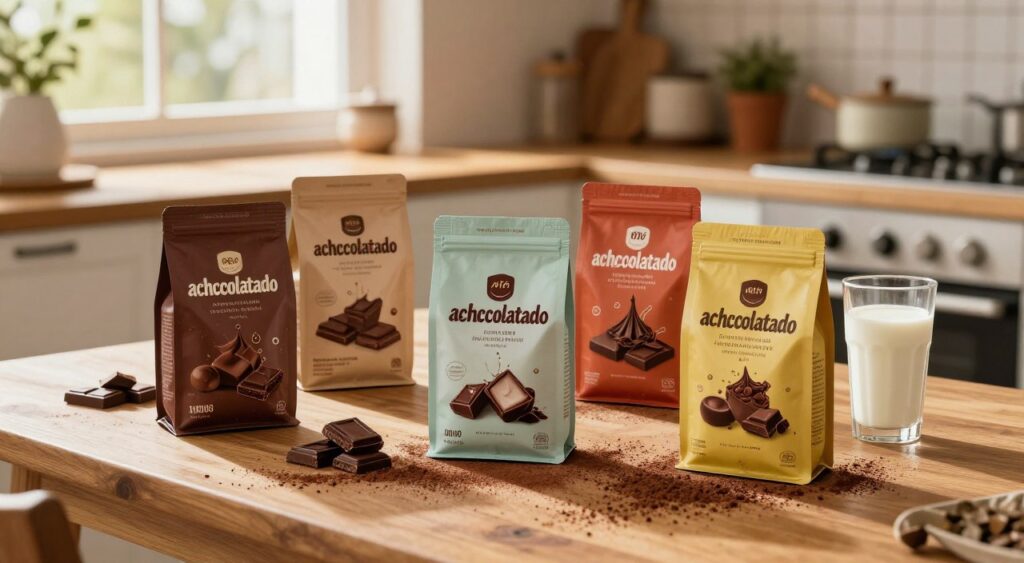 A visually engaging composition showcasing popular "achocolatado" brands. In the foreground, several distinct, colorful packaging designs of various brands, each uniquely labeled and presented. The middle layer features a wooden kitchen table lightly dusted with cocoa powder, with scattered chocolate pieces and a glass of milk beside the brands. In the background, a warm, inviting kitchen setting with soft natural sunlight streaming through a window, illuminating the scene. The atmosphere is cozy and homely, evoking a sense of nostalgia. Use a slightly elevated angle to capture the details of the products and their environment, highlighting the textures and colors. The overall mood is inviting and appetizing, emphasizing the indulgent nature of chocolate drinks. A visually engaging composition showcasing popular "achocolatado" brands. In the foreground, several distinct, colorful packaging designs of various brands, each uniquely labeled and presented. The middle layer features a wooden kitchen table lightly dusted with cocoa powder, with scattered chocolate pieces and a glass of milk beside the brands. In the background, a warm, inviting kitchen setting with soft natural sunlight streaming through a window, illuminating the scene. The atmosphere is cozy and homely, evoking a sense of nostalgia. Use a slightly elevated angle to capture the details of the products and their environment, highlighting the textures and colors. The overall mood is inviting and appetizing, emphasizing the indulgent nature of chocolate drinks.