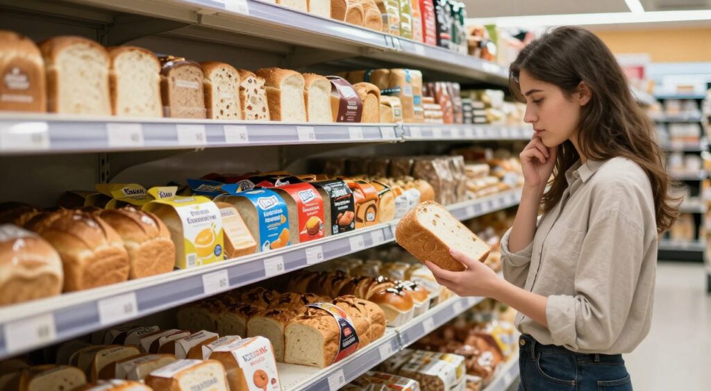 A well-organized grocery store aisle showcasing various loaves of sliced bread. In the foreground, a shopper, dressed in casual yet neat clothing, hesitates while examining a loaf with misleading packaging. The middle ground features a colorful assortment of bread brands, some highlighting health benefits while others flaunt appealing designs. The background displays the store shelves, brightly lit and neatly arranged, creating a welcoming atmosphere. Soft, natural lighting enhances the freshness of the products, casting gentle shadows that add depth. The mood conveys a sense of thoughtful decision-making, emphasizing common mistakes consumers make when choosing a loaf of bread, capturing the essence of careful selection and awareness. No captions, logos, or distractions are included. A well-organized grocery store aisle showcasing various loaves of sliced bread. In the foreground, a shopper, dressed in casual yet neat clothing, hesitates while examining a loaf with misleading packaging. The middle ground features a colorful assortment of bread brands, some highlighting health benefits while others flaunt appealing designs. The background displays the store shelves, brightly lit and neatly arranged, creating a welcoming atmosphere. Soft, natural lighting enhances the freshness of the products, casting gentle shadows that add depth. The mood conveys a sense of thoughtful decision-making, emphasizing common mistakes consumers make when choosing a loaf of bread, capturing the essence of careful selection and awareness. No captions, logos, or distractions are included.