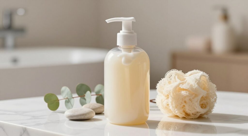 A beautifully arranged display of a moisturizing body soap, featuring a sleek, transparent bottle with a pump top against a serene, soft-focus background. In the foreground, the bottle is placed on a smooth, white marble surface, reflecting gentle light that creates an inviting sheen. To one side, a few delicate spa-like elements such as a loofah, a handful of river stones, and green eucalyptus leaves subtly emphasize a soothing atmosphere. The lighting is warm and soft, enhancing the creamy, luxurious texture of the soap. In the background, blurred hints of a relaxing bathroom ambiance, with hints of light taupe or pastel colors, echo a tranquil setting appropriate for personal care, conveying a feeling of relaxation and pampering. A beautifully arranged display of a moisturizing body soap, featuring a sleek, transparent bottle with a pump top against a serene, soft-focus background. In the foreground, the bottle is placed on a smooth, white marble surface, reflecting gentle light that creates an inviting sheen. To one side, a few delicate spa-like elements such as a loofah, a handful of river stones, and green eucalyptus leaves subtly emphasize a soothing atmosphere. The lighting is warm and soft, enhancing the creamy, luxurious texture of the soap. In the background, blurred hints of a relaxing bathroom ambiance, with hints of light taupe or pastel colors, echo a tranquil setting appropriate for personal care, conveying a feeling of relaxation and pampering.