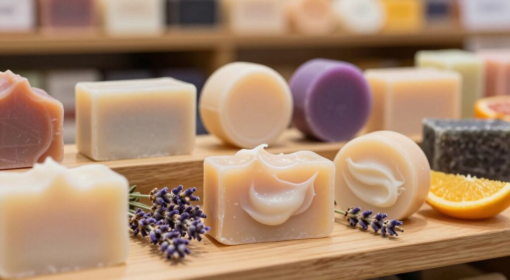 A beautifully arranged display of various moisturizing soaps on a wooden surface, with some soaps cut in half to showcase their creamy texture. In the foreground, focus on an elegant bar of soap with a glossy finish, surrounded by natural elements like fresh lavender sprigs and slices of citrus fruits. In the middle ground, a few assorted soaps in different shapes and colors, like round and rectangular, emphasizing variety. The background features soft, blurred shelves filled with more soap options, hinting at a marketplace ambiance. Warm, soft lighting enhances the inviting atmosphere, creating gentle shadows and highlighting the textures of the soaps. The overall mood is serene and informative, perfect for comparing moisturizing soaps. A beautifully arranged display of various moisturizing soaps on a wooden surface, with some soaps cut in half to showcase their creamy texture. In the foreground, focus on an elegant bar of soap with a glossy finish, surrounded by natural elements like fresh lavender sprigs and slices of citrus fruits. In the middle ground, a few assorted soaps in different shapes and colors, like round and rectangular, emphasizing variety. The background features soft, blurred shelves filled with more soap options, hinting at a marketplace ambiance. Warm, soft lighting enhances the inviting atmosphere, creating gentle shadows and highlighting the textures of the soaps. The overall mood is serene and informative, perfect for comparing moisturizing soaps.