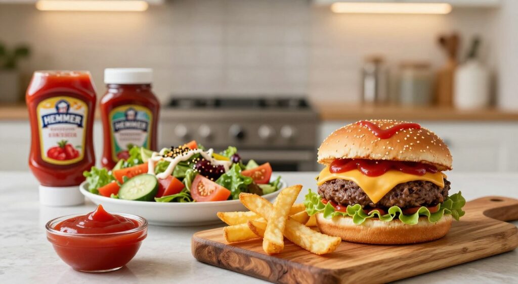 A beautifully arranged table featuring a variety of delicious dishes creatively incorporating Hemmer ketchup. In the foreground, a gourmet burger topped with melted cheese and a drizzle of ketchup sits on a rustic wooden cutting board, with a side of crispy fries adorned with a ketchup dip. In the middle ground, a colorful salad with fresh vegetables, sprinkled with a light vinaigrette, showcases a small bowl of ketchup for dipping. In the background, jars of Hemmer ketchup with vibrant labels add a pop of color against a soft-focus kitchen backdrop, with warm overhead lighting creating an inviting atmosphere. The scene should feel lively and appetizing, emphasizing culinary creativity and the versatility of Hemmer ketchup in everyday cooking. A beautifully arranged table featuring a variety of delicious dishes creatively incorporating Hemmer ketchup. In the foreground, a gourmet burger topped with melted cheese and a drizzle of ketchup sits on a rustic wooden cutting board, with a side of crispy fries adorned with a ketchup dip. In the middle ground, a colorful salad with fresh vegetables, sprinkled with a light vinaigrette, showcases a small bowl of ketchup for dipping. In the background, jars of Hemmer ketchup with vibrant labels add a pop of color against a soft-focus kitchen backdrop, with warm overhead lighting creating an inviting atmosphere. The scene should feel lively and appetizing, emphasizing culinary creativity and the versatility of Hemmer ketchup in everyday cooking.