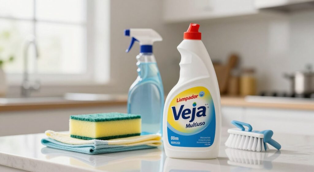 A bottle of "Limpador Veja Multiuso" prominently displayed in the foreground, showcasing its sleek design and vibrant branding. The bottle is positioned on a clean, polished surface, reflecting the product's intended use for cleaning. In the middle ground, various cleaning supplies, including sponges, cloths, and brushes, are artfully arranged, hinting at a comparison with other all-purpose cleaners. The background features a softly blurred kitchen setting with light pouring in from a window, creating a bright and inviting atmosphere. The scene captures a sense of freshness and cleanliness, emphasizing the effectiveness of the product. The lighting is bright yet soft, evoking a warm and welcoming vibe. Close-up view, shot with a shallow depth of field to focus on the product, conveying a professional and polished aesthetic. A bottle of "Limpador Veja Multiuso" prominently displayed in the foreground, showcasing its sleek design and vibrant branding. The bottle is positioned on a clean, polished surface, reflecting the product's intended use for cleaning. In the middle ground, various cleaning supplies, including sponges, cloths, and brushes, are artfully arranged, hinting at a comparison with other all-purpose cleaners. The background features a softly blurred kitchen setting with light pouring in from a window, creating a bright and inviting atmosphere. The scene captures a sense of freshness and cleanliness, emphasizing the effectiveness of the product. The lighting is bright yet soft, evoking a warm and welcoming vibe. Close-up view, shot with a shallow depth of field to focus on the product, conveying a professional and polished aesthetic.