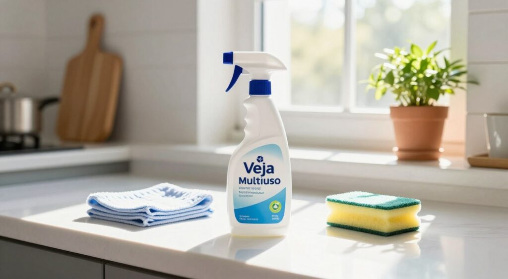 A bright and clean kitchen scene showcasing a bottle of Veja Multiuso cleaner placed prominently in the foreground on a sparkling white countertop. The bottle is surrounded by various cleaning tools like a microfiber cloth and a sponge, all positioned neatly. In the middle background, sunlight pours through a window, casting soft, warm light that highlights the cleanliness of the space, enhancing the feeling of freshness and hygiene. On a shelf nearby, vibrant houseplants add a touch of color and liveliness to the setting. The mood is inviting and crisp, illustrating the effectiveness and versatility of the multi-purpose cleaner in everyday life, captured from a slightly elevated angle to emphasize the product and surroundings. A bright and clean kitchen scene showcasing a bottle of Veja Multiuso cleaner placed prominently in the foreground on a sparkling white countertop. The bottle is surrounded by various cleaning tools like a microfiber cloth and a sponge, all positioned neatly. In the middle background, sunlight pours through a window, casting soft, warm light that highlights the cleanliness of the space, enhancing the feeling of freshness and hygiene. On a shelf nearby, vibrant houseplants add a touch of color and liveliness to the setting. The mood is inviting and crisp, illustrating the effectiveness and versatility of the multi-purpose cleaner in everyday life, captured from a slightly elevated angle to emphasize the product and surroundings.