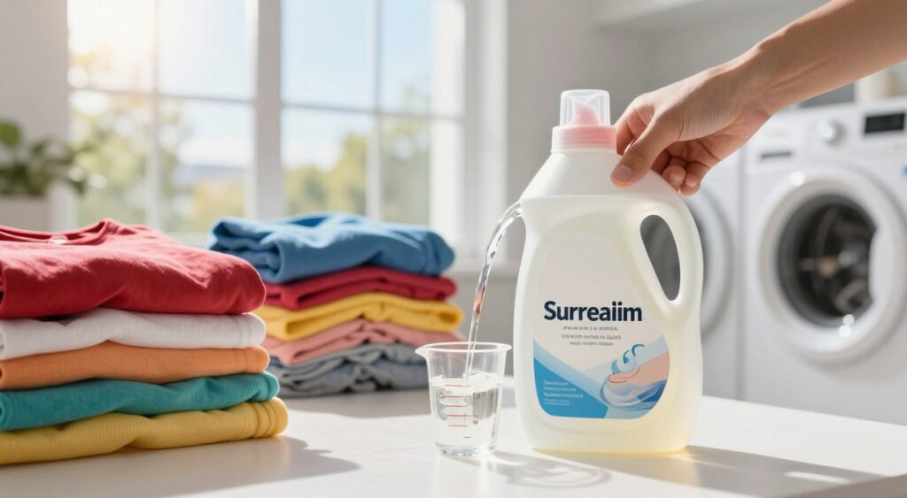A clean, modern laundry room filled with natural light, showcasing a bottle of liquid laundry detergent prominently in the foreground. The bottle should be designed with a clear label and ergonomic shape, emphasizing its liquid texture as it's gently pouring into a measuring cup. In the middle ground, neatly folded piles of colorful clothes await washing, creating a vibrant contrast with the sleek white appliances. In the background, a large window reveals a sunny day outside, enhancing the overall bright and fresh atmosphere. The scene should convey a sense of cleanliness and efficiency, with warm, inviting lighting that highlights the detergent’s effectiveness. The angle should be slightly above eye level, capturing both the detergent and the laundry, inviting the viewer to learn the best practices of using liquid soap. A clean, modern laundry room filled with natural light, showcasing a bottle of liquid laundry detergent prominently in the foreground. The bottle should be designed with a clear label and ergonomic shape, emphasizing its liquid texture as it's gently pouring into a measuring cup. In the middle ground, neatly folded piles of colorful clothes await washing, creating a vibrant contrast with the sleek white appliances. In the background, a large window reveals a sunny day outside, enhancing the overall bright and fresh atmosphere. The scene should convey a sense of cleanliness and efficiency, with warm, inviting lighting that highlights the detergent’s effectiveness. The angle should be slightly above eye level, capturing both the detergent and the laundry, inviting the viewer to learn the best practices of using liquid soap.