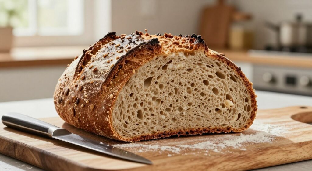 A close-up of a beautifully baked loaf of Wickbold 100% Integral whole grain bread, showcasing its rich, brown crust with visible grains and seeds. The bread is sliced to reveal its soft, dense texture and nutty interior, emphasizing its high fiber content. In the foreground, a rustic wooden cutting board is lightly dusted with flour, while a sharp artisan knife rests beside the loaf. The background features a soft-focus kitchen setting, with warm, natural light streaming in through a nearby window, creating a cozy atmosphere. The overall mood is inviting and wholesome, highlighting the quality and health benefits of the bread. The lens captures fine details, ensuring the bread stands out clearly against the blurred backdrop. A close-up of a beautifully baked loaf of Wickbold 100% Integral whole grain bread, showcasing its rich, brown crust with visible grains and seeds. The bread is sliced to reveal its soft, dense texture and nutty interior, emphasizing its high fiber content. In the foreground, a rustic wooden cutting board is lightly dusted with flour, while a sharp artisan knife rests beside the loaf. The background features a soft-focus kitchen setting, with warm, natural light streaming in through a nearby window, creating a cozy atmosphere. The overall mood is inviting and wholesome, highlighting the quality and health benefits of the bread. The lens captures fine details, ensuring the bread stands out clearly against the blurred backdrop.