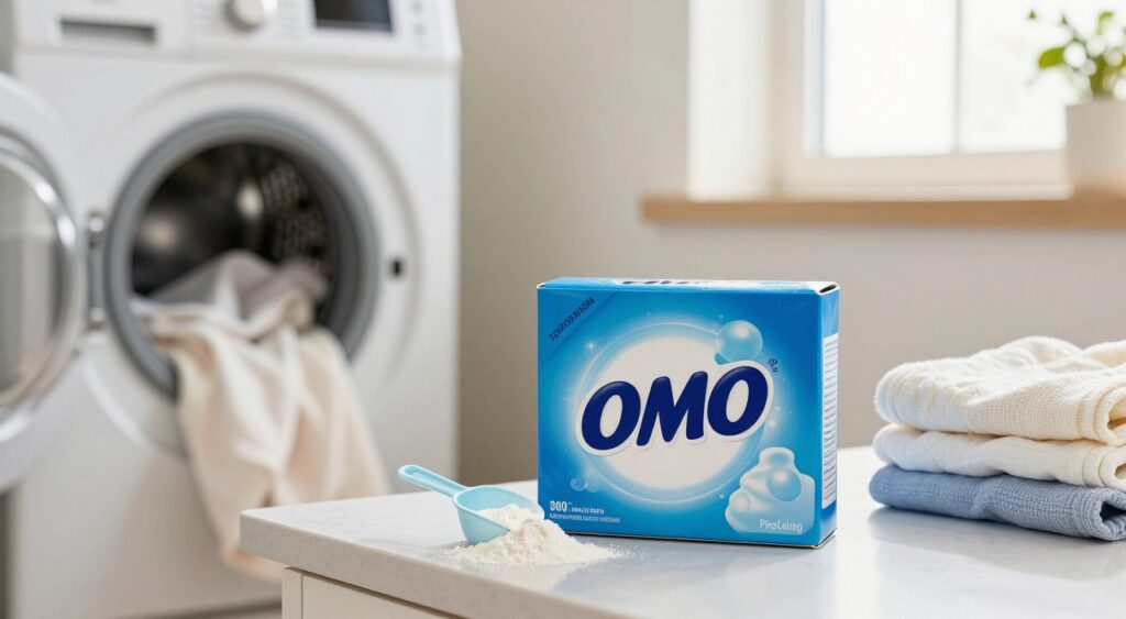 A close-up shot of an Omo laundry powder box prominently displayed in the foreground, showcasing its vibrant blue and white packaging with the Omo logo clearly visible. The box is sitting on a clean kitchen countertop, surrounded by scattered laundry items like a small scoop of powder and fresh, folded laundry. In the middle ground, an open washing machine with clean clothes spilling out adds depth, while in the background, soft, focused light filters through a window, creating a warm, inviting atmosphere. The scene conveys a sense of domesticity and highlights the disadvantages of traditional laundry powders by subtly suggesting the messiness associated with them. The overall mood is practical and relatable, emphasizing the product's context without any visual distractions. A close-up shot of an Omo laundry powder box prominently displayed in the foreground, showcasing its vibrant blue and white packaging with the Omo logo clearly visible. The box is sitting on a clean kitchen countertop, surrounded by scattered laundry items like a small scoop of powder and fresh, folded laundry. In the middle ground, an open washing machine with clean clothes spilling out adds depth, while in the background, soft, focused light filters through a window, creating a warm, inviting atmosphere. The scene conveys a sense of domesticity and highlights the disadvantages of traditional laundry powders by subtly suggesting the messiness associated with them. The overall mood is practical and relatable, emphasizing the product's context without any visual distractions.