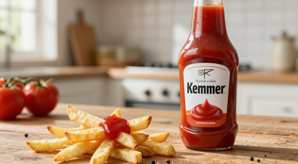 A close-up view of a bottle of Ketchup Hemmer, elegantly placed on a rustic wooden table, showcasing its iconic label and rich red texture. In the foreground, have freshly cut fries dipped in ketchup, glistening with freshness. The middle ground features a blurred but inviting kitchen setting, emphasizing a homey atmosphere filled with warm, natural light streaming in from a nearby window. Soft shadows create depth, enhancing the appeal of the ketchup. In the background, there are hints of cooking ingredients, like tomatoes and spices, subtly suggesting the quality of the product. The overall mood is cheerful and inviting, perfect for highlighting value and flavor in a restaurant or home environment. A close-up view of a bottle of Ketchup Hemmer, elegantly placed on a rustic wooden table, showcasing its iconic label and rich red texture. In the foreground, have freshly cut fries dipped in ketchup, glistening with freshness. The middle ground features a blurred but inviting kitchen setting, emphasizing a homey atmosphere filled with warm, natural light streaming in from a nearby window. Soft shadows create depth, enhancing the appeal of the ketchup. In the background, there are hints of cooking ingredients, like tomatoes and spices, subtly suggesting the quality of the product. The overall mood is cheerful and inviting, perfect for highlighting value and flavor in a restaurant or home environment.