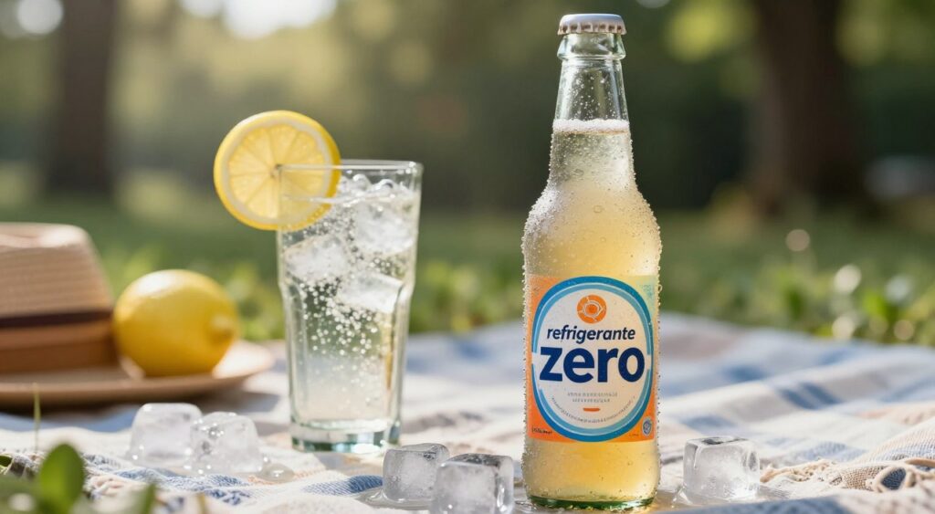 A refreshing, frosted bottle of "refrigerante zero" stands prominently in the foreground, its condensation glistening under soft, natural light. The bottle, designed with sleek curves, showcases a vibrant color scheme that reflects its flavor. Surrounding the bottle are ice cubes, some melting, adding a dynamic visual element. In the middle ground, a glass filled with the fizzy beverage is adorned with a slice of lemon, capturing the drink's effervescence as bubbles rise to the surface. The background features a blurred picnic scene with greenery and soft sunlight filtering through trees, evoking a feeling of leisure and enjoyment. The overall mood is fresh and inviting, emphasizing the beverage's appeal as a zero-calorie option for refreshment. A refreshing, frosted bottle of "refrigerante zero" stands prominently in the foreground, its condensation glistening under soft, natural light. The bottle, designed with sleek curves, showcases a vibrant color scheme that reflects its flavor. Surrounding the bottle are ice cubes, some melting, adding a dynamic visual element. In the middle ground, a glass filled with the fizzy beverage is adorned with a slice of lemon, capturing the drink's effervescence as bubbles rise to the surface. The background features a blurred picnic scene with greenery and soft sunlight filtering through trees, evoking a feeling of leisure and enjoyment. The overall mood is fresh and inviting, emphasizing the beverage's appeal as a zero-calorie option for refreshment.