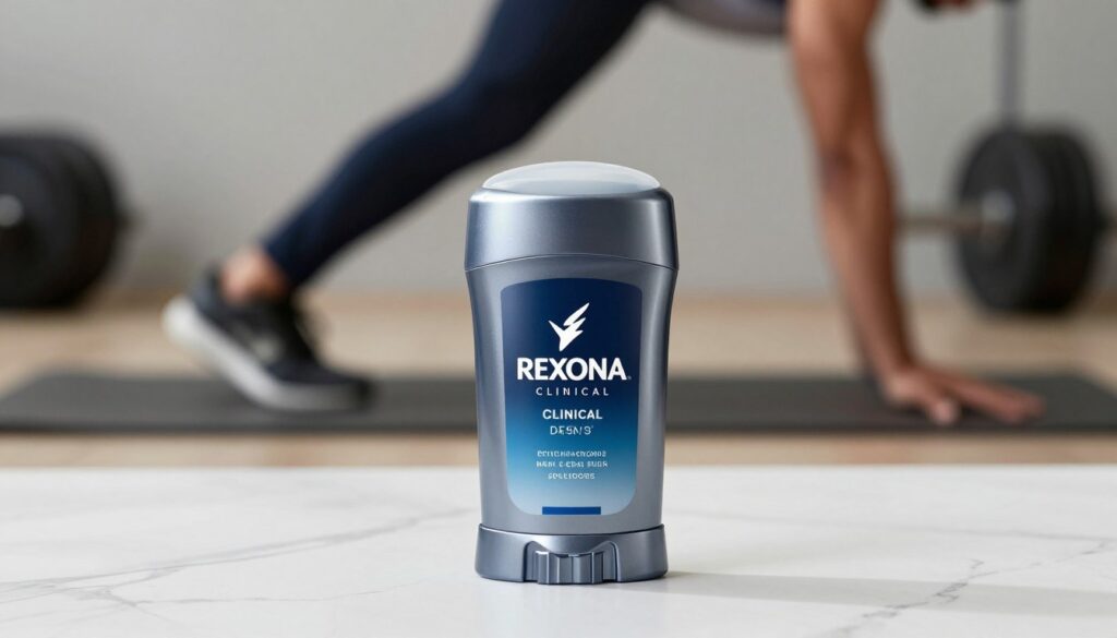 A sleek, modern display of Rexona Clinical men’s deodorant prominently featured in the foreground, showcasing its distinctive packaging with a polished metallic finish. The deodorant stick is upright on a clean, white marble surface, emphasizing its premium quality. In the middle ground, a blurred reflection of an athletic male figure in professional business attire can be seen, mid-motion as if in a dynamic, active lifestyle. The background features soft-focus elements of a gym setting, such as weights and a fitness mat, creating a contrast between the product and its intended active demographic. The overall lighting is bright and inviting, with a subtle spotlight on the deodorant, casting gentle shadows, evoking a fresh and confident atmosphere.