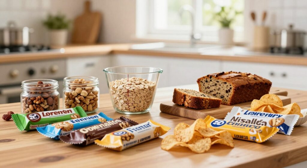 A vibrant and inviting layout of popular fitness snacks displayed on a wooden kitchen table. The foreground features an assortment of colorful protein bars, nutritious nut mixes in small glass jars, and neatly packaged low-calorie chips. In the middle, a measuring cup filled with oats and a slice of fruit loaf suggest healthy eating. The background softly blurs into a sunny kitchen setting with bright natural light streaming through a window, accentuating the freshness of the snacks. The atmosphere feels energetic and motivational, perfect for fitness enthusiasts on a budget. The scene is captured with a shallow depth of field and warm lighting to evoke a sense of health and wellness without any text or branding. A vibrant and inviting layout of popular fitness snacks displayed on a wooden kitchen table. The foreground features an assortment of colorful protein bars, nutritious nut mixes in small glass jars, and neatly packaged low-calorie chips. In the middle, a measuring cup filled with oats and a slice of fruit loaf suggest healthy eating. The background softly blurs into a sunny kitchen setting with bright natural light streaming through a window, accentuating the freshness of the snacks. The atmosphere feels energetic and motivational, perfect for fitness enthusiasts on a budget. The scene is captured with a shallow depth of field and warm lighting to evoke a sense of health and wellness without any text or branding.