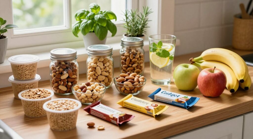 A vibrant display of economical fitness snacks arranged aesthetically on a wooden kitchen countertop. In the foreground, a neatly organized array of budget-friendly snacks, such as oatmeal cups, mixed nuts in mason jars, protein bars, and fresh fruits like bananas and apples. In the middle ground, a rustic backdrop featuring a window with natural sunlight illuminating the scene, highlighting the textures of the snacks. There is a glass of infused water with lemon and mint, adding a refreshing touch. The background includes potted herbs like basil and rosemary, enhancing the healthy vibe. The overall mood is inviting and cheerful, emphasizing a practical approach to healthy snacking on a budget. The image has warm, soft lighting, shot from an overhead angle to capture the layout clearly. A vibrant display of economical fitness snacks arranged aesthetically on a wooden kitchen countertop. In the foreground, a neatly organized array of budget-friendly snacks, such as oatmeal cups, mixed nuts in mason jars, protein bars, and fresh fruits like bananas and apples. In the middle ground, a rustic backdrop featuring a window with natural sunlight illuminating the scene, highlighting the textures of the snacks. There is a glass of infused water with lemon and mint, adding a refreshing touch. The background includes potted herbs like basil and rosemary, enhancing the healthy vibe. The overall mood is inviting and cheerful, emphasizing a practical approach to healthy snacking on a budget. The image has warm, soft lighting, shot from an overhead angle to capture the layout clearly.