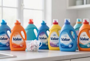 A vibrant display of liquid laundry detergent bottles arranged on a clean, bright kitchen countertop. In the foreground, a variety of colorful detergent bottles are featured, showcasing different brands and sizes, with labels emphasizing "value" and "affordability." The middle ground includes a measurement cup and a bowl filled with freshly washed laundry, creating a sense of practicality. The background features a softly lit window, allowing natural light to flood the scene, enhancing the freshness of the setting. The mood is inviting and cheerful, suggesting a balanced household budget. The angle is slightly tilted for a dynamic effect, highlighting the product characteristics without text or distractions.