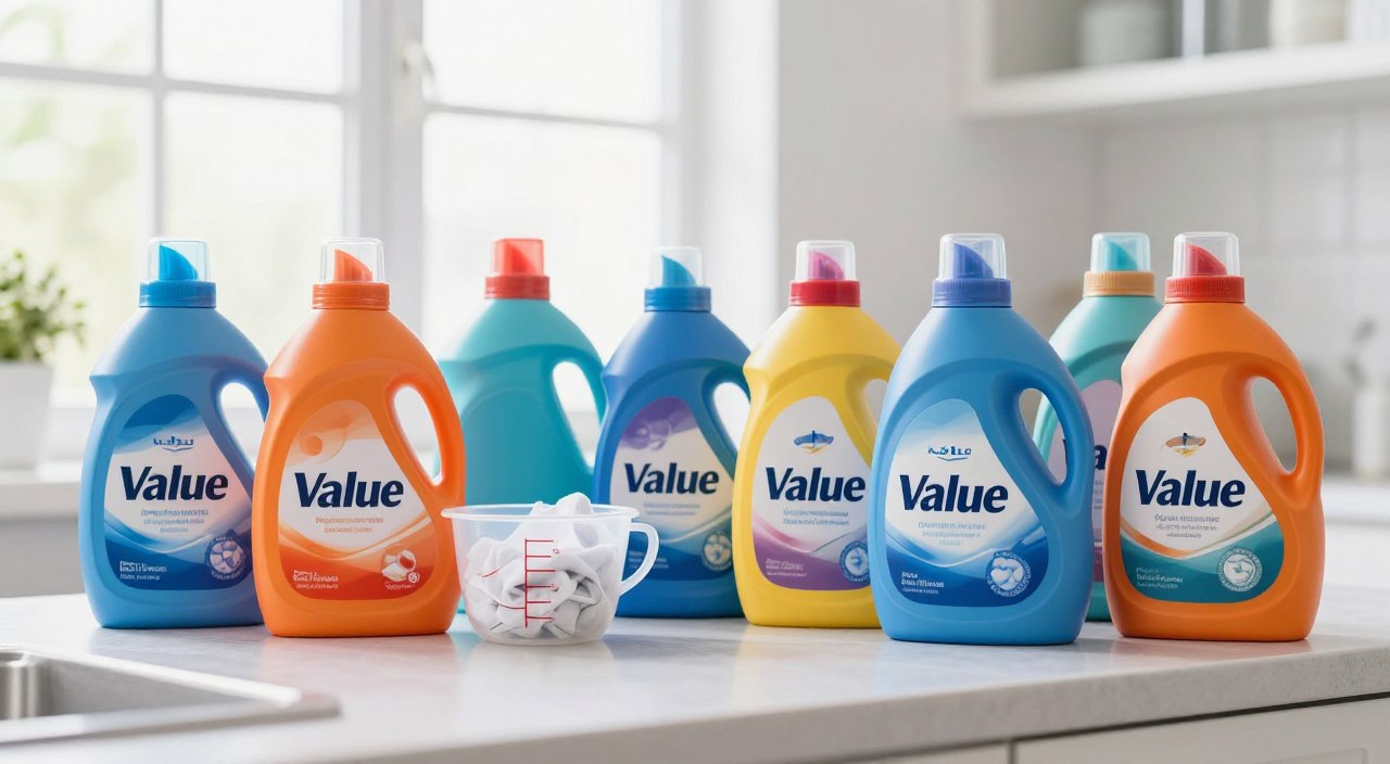 A vibrant display of liquid laundry detergent bottles arranged on a clean, bright kitchen countertop. In the foreground, a variety of colorful detergent bottles are featured, showcasing different brands and sizes, with labels emphasizing "value" and "affordability." The middle ground includes a measurement cup and a bowl filled with freshly washed laundry, creating a sense of practicality. The background features a softly lit window, allowing natural light to flood the scene, enhancing the freshness of the setting. The mood is inviting and cheerful, suggesting a balanced household budget. The angle is slightly tilted for a dynamic effect, highlighting the product characteristics without text or distractions.
