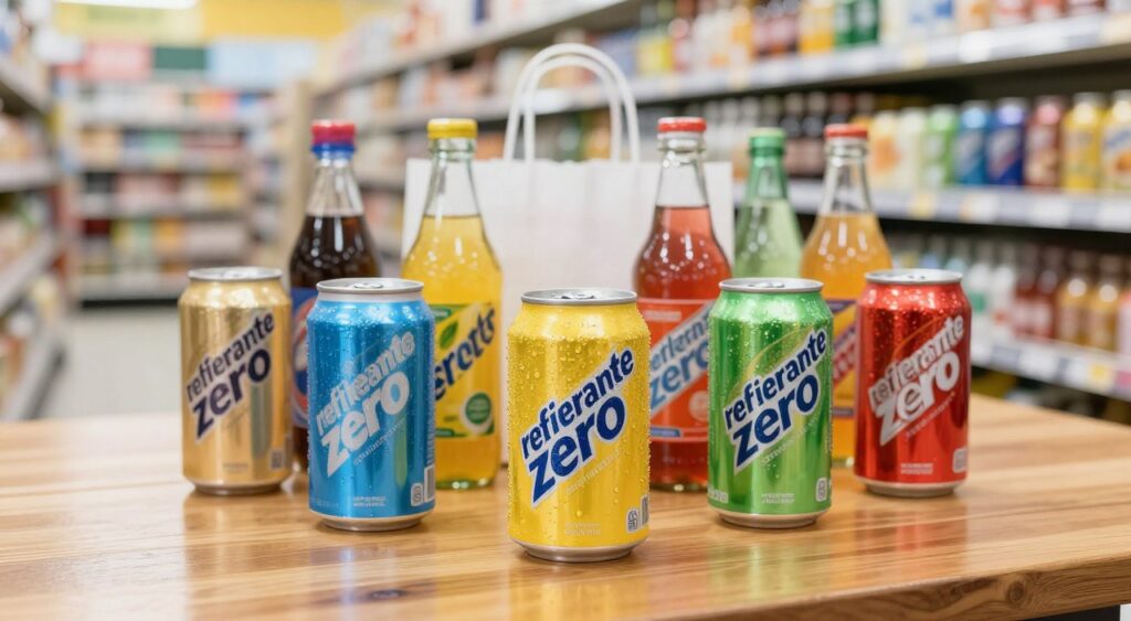 A vibrant display of various "refrigerante zero" beverages arranged on a clean, polished wooden table. In the foreground, focus on an ice-cold can of a popular sugar-free soda, glistening with condensation. Surrounding it, other cans and bottles, each reflecting their bright, colorful branding. In the middle, a subtle grouping of shopping bags filled with these drinks, suggesting a recent purchase. The background features a softly blurred grocery store aisle lined with shelves, showcasing more beverage options. The lighting is bright and cheerful, emulating a sunny afternoon. A shallow depth of field emphasizes the cans in the foreground while creating a clean, inviting atmosphere that captures consumer excitement. A vibrant display of various "refrigerante zero" beverages arranged on a clean, polished wooden table. In the foreground, focus on an ice-cold can of a popular sugar-free soda, glistening with condensation. Surrounding it, other cans and bottles, each reflecting their bright, colorful branding. In the middle, a subtle grouping of shopping bags filled with these drinks, suggesting a recent purchase. The background features a softly blurred grocery store aisle lined with shelves, showcasing more beverage options. The lighting is bright and cheerful, emulating a sunny afternoon. A shallow depth of field emphasizes the cans in the foreground while creating a clean, inviting atmosphere that captures consumer excitement.