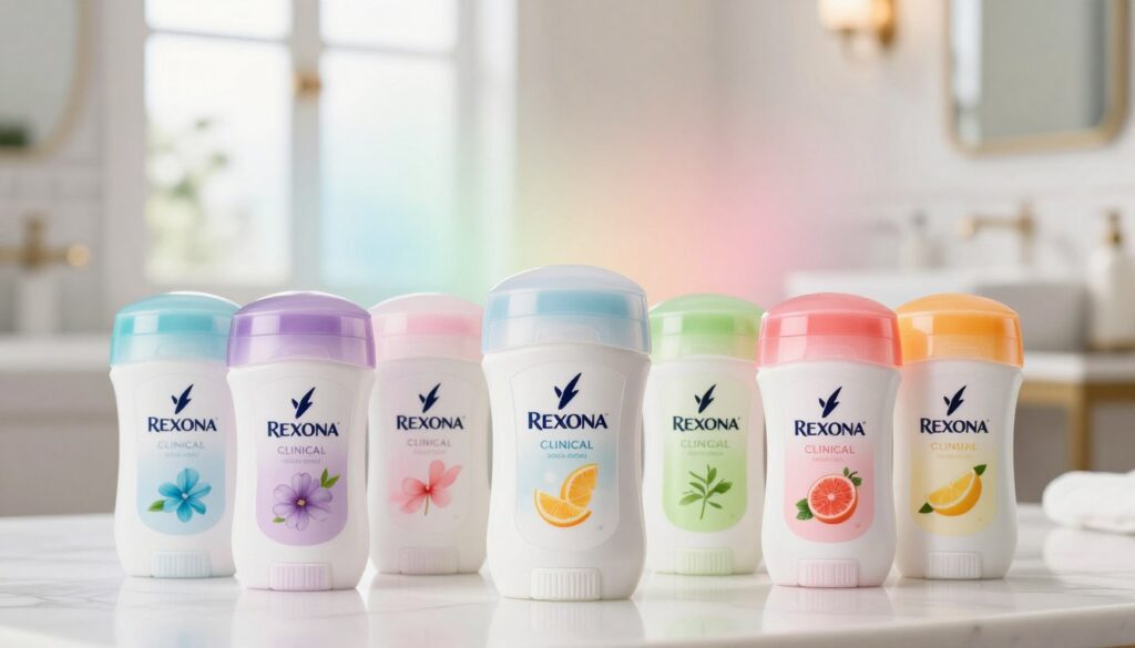 A visually appealing arrangement showcasing a variety of Rexona Clinical deodorant sticks against a softly lit backdrop. The foreground features several colorful deodorant containers in different fragrances, each distinctly labeled yet artistically designed, highlighting their unique scents like fresh floral, crisp citrus, and soothing herbal. In the middle ground, a subtle gradient of pastel colors blends together, suggesting the refreshing essence of the fragrances. In the background, a blurred, elegant bathroom setting with soft natural light filtering through a window creates an atmosphere of cleanliness and sophistication. The image captures a sense of freshness and reliability, inviting viewers to explore the diverse range of scents available.