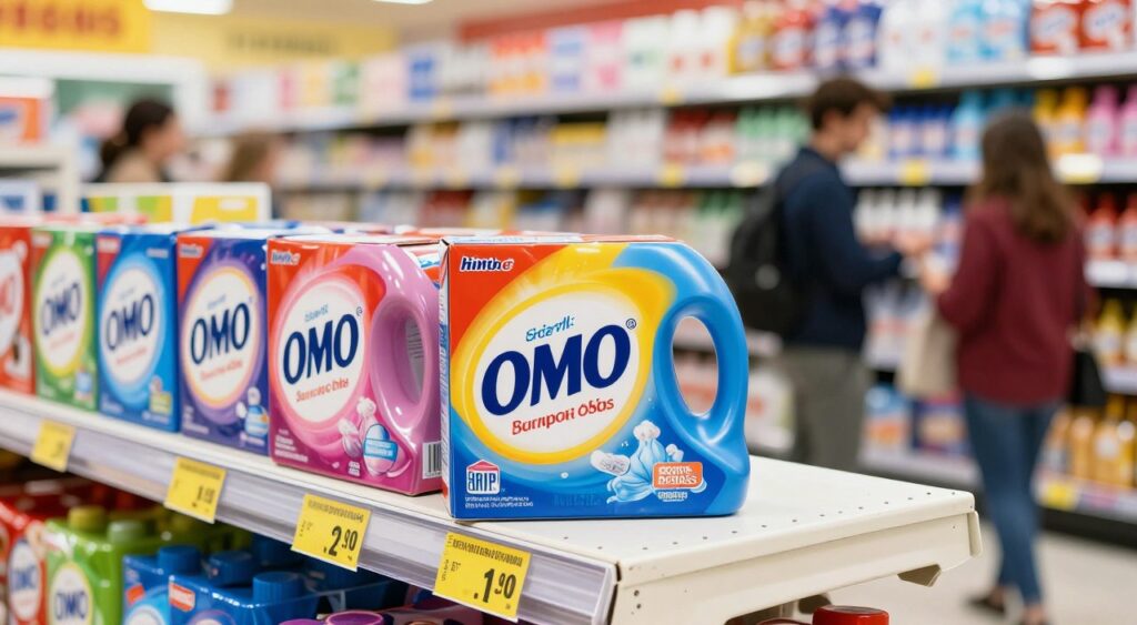 A visually striking and informative image showcasing a box of Omo laundry detergent powder as the central focus in the foreground. The box is bright and colorful, with an eye-catching design that represents the brand. Surrounding the box are various price tags in different currencies, indicating the cost of the product in stores. In the middle ground, a well-organized supermarket shelf displays multiple boxes of Omo alongside competitive brands, hinting at available offers. The background features blurred shoppers engaged in browsing, creating a lively shopping atmosphere. Soft, natural lighting illuminates the scene, enhancing the colors and details, with a slightly elevated camera angle capturing the layout effectively. The mood is informative and engaging, inviting viewers to explore pricing options. A visually striking and informative image showcasing a box of Omo laundry detergent powder as the central focus in the foreground. The box is bright and colorful, with an eye-catching design that represents the brand. Surrounding the box are various price tags in different currencies, indicating the cost of the product in stores. In the middle ground, a well-organized supermarket shelf displays multiple boxes of Omo alongside competitive brands, hinting at available offers. The background features blurred shoppers engaged in browsing, creating a lively shopping atmosphere. Soft, natural lighting illuminates the scene, enhancing the colors and details, with a slightly elevated camera angle capturing the layout effectively. The mood is informative and engaging, inviting viewers to explore pricing options.