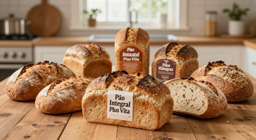 A visually striking comparison image featuring "Pão Integral Plus Vita" bread prominently displayed in the foreground, surrounded by its competitors' whole grain bread brands. The breads are arranged artfully on a rustic wooden table, showcasing their textures and colors. In the middle background, a soft-focus kitchen setting with warm, inviting light filtering through a window creates a cozy atmosphere. The lighting emphasizes the crusty exterior and soft interior of the breads, highlighting the quality of ingredients. A clean and organized layout evokes an engaging, informative vibe without distractions. The perspective is slightly overhead, providing a comprehensive view of the breads while keeping the atmosphere professional and inviting. A visually striking comparison image featuring "Pão Integral Plus Vita" bread prominently displayed in the foreground, surrounded by its competitors' whole grain bread brands. The breads are arranged artfully on a rustic wooden table, showcasing their textures and colors. In the middle background, a soft-focus kitchen setting with warm, inviting light filtering through a window creates a cozy atmosphere. The lighting emphasizes the crusty exterior and soft interior of the breads, highlighting the quality of ingredients. A clean and organized layout evokes an engaging, informative vibe without distractions. The perspective is slightly overhead, providing a comprehensive view of the breads while keeping the atmosphere professional and inviting.