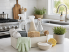 Kit de limpeza doméstica com borrifadores, esponjas, luvas e ingredientes naturais em uma cozinha iluminada