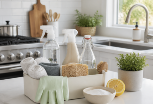 Kit de limpeza doméstica com borrifadores, esponjas, luvas e ingredientes naturais em uma cozinha iluminada