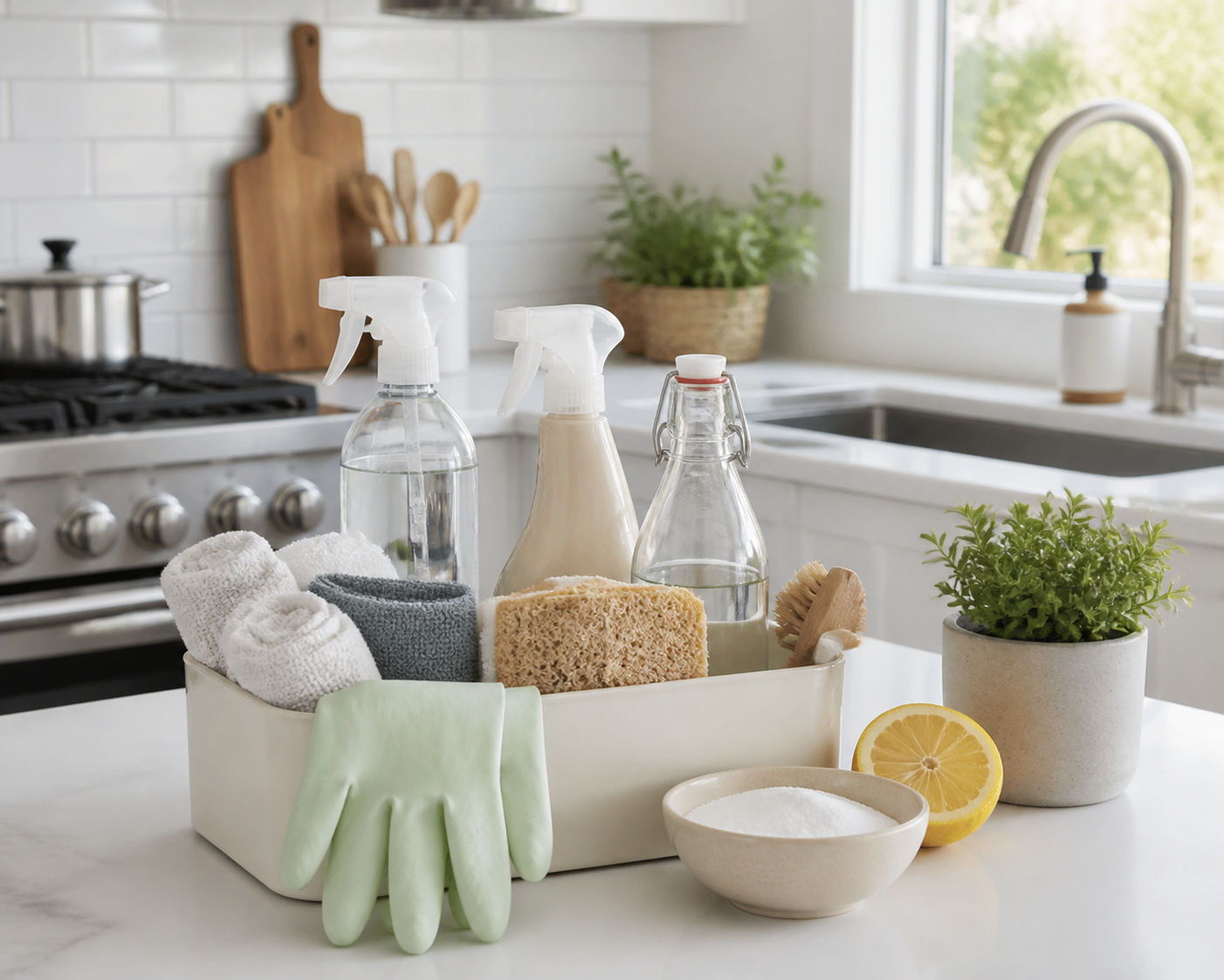 Kit de limpeza doméstica com borrifadores, esponjas, luvas e ingredientes naturais em uma cozinha iluminada